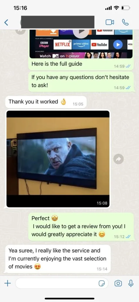 Capture écran avis WhatsApp client satisfait activation 4K
